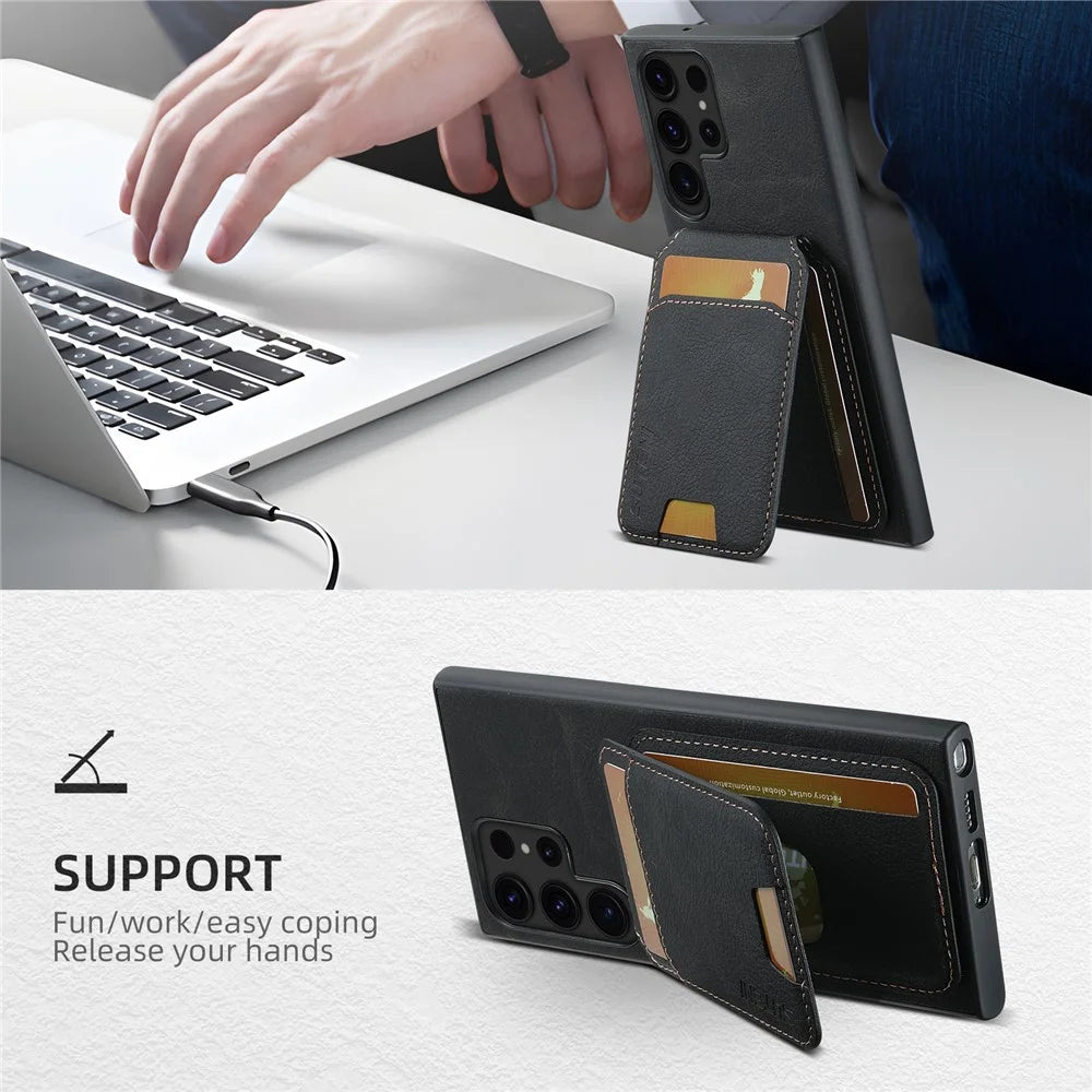 SUTENI H02 For Samsung Galaxy S22 Ultra 5G Case Card Slots Kickstand Phone Cover - Black - 6