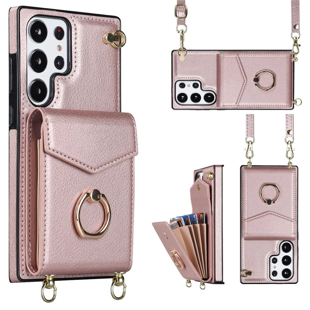 For Samsung Galaxy S22 Ultra 5G Phone Case Ring Kickstand Cover with 2 Straps - Rose Gold - 1