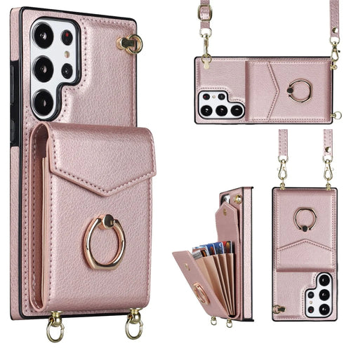 For Samsung Galaxy S22 Ultra 5G Phone Case Ring Kickstand Cover with 2 Straps - Rose Gold - 1