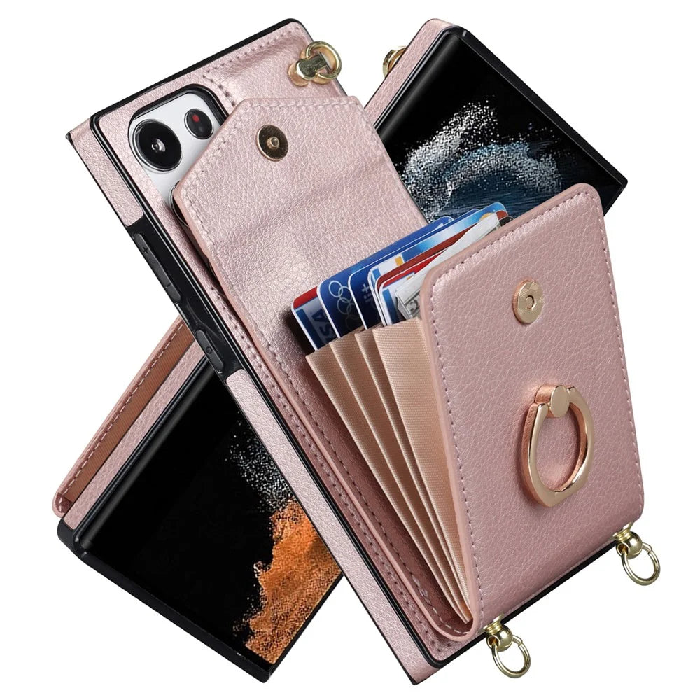 For Samsung Galaxy S22 Ultra 5G Phone Case Ring Kickstand Cover with 2 Straps - Rose Gold - 2