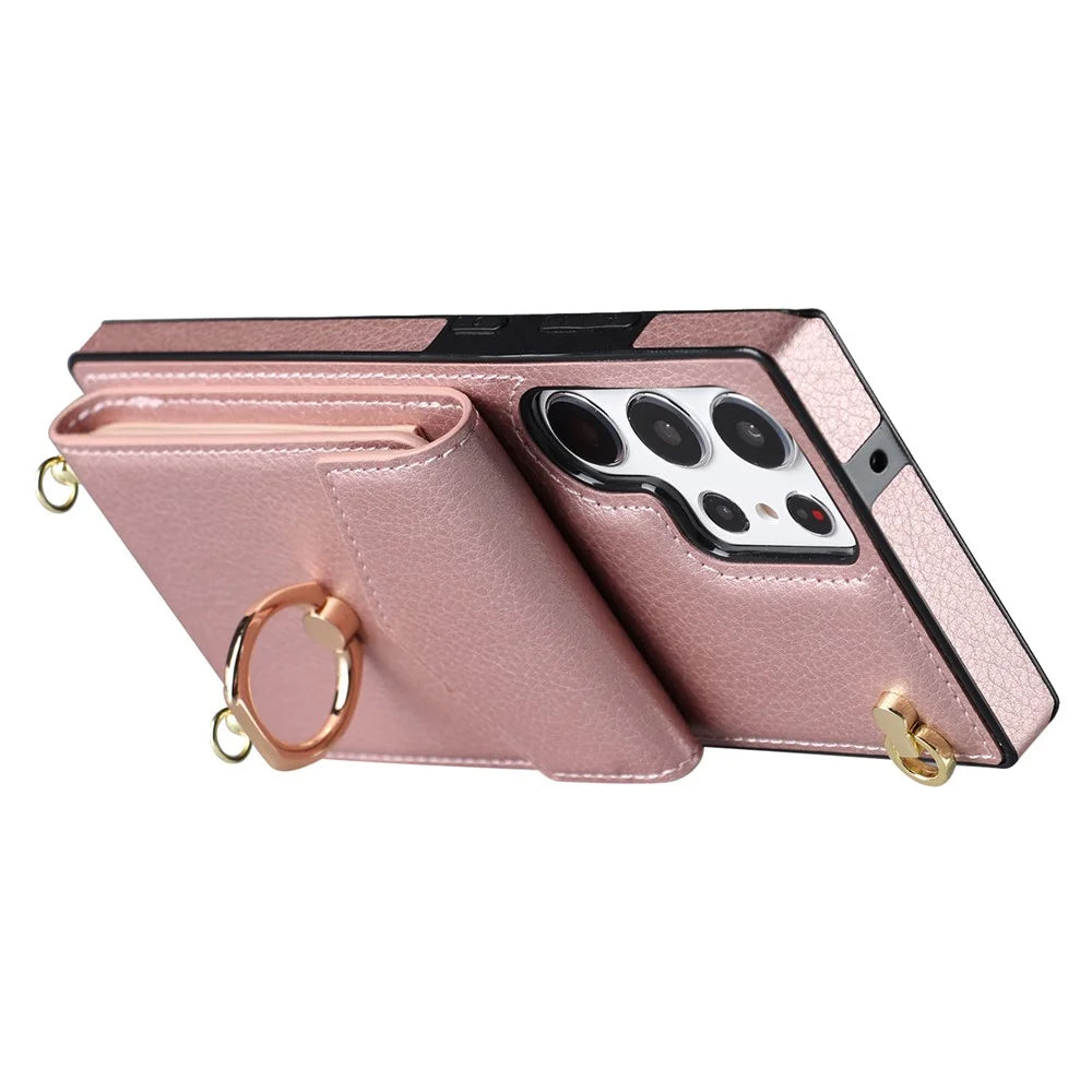 For Samsung Galaxy S22 Ultra 5G Phone Case Ring Kickstand Cover with 2 Straps - Rose Gold - 3