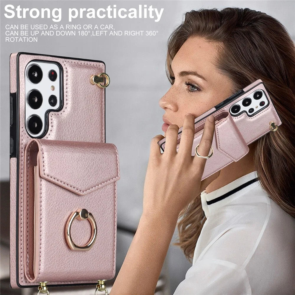 For Samsung Galaxy S22 Ultra 5G Phone Case Ring Kickstand Cover with 2 Straps - Rose Gold - 4