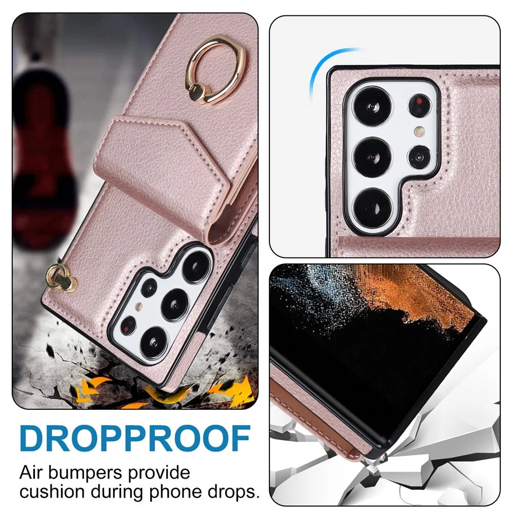 For Samsung Galaxy S22 Ultra 5G Phone Case Ring Kickstand Cover with 2 Straps - Rose Gold - 5