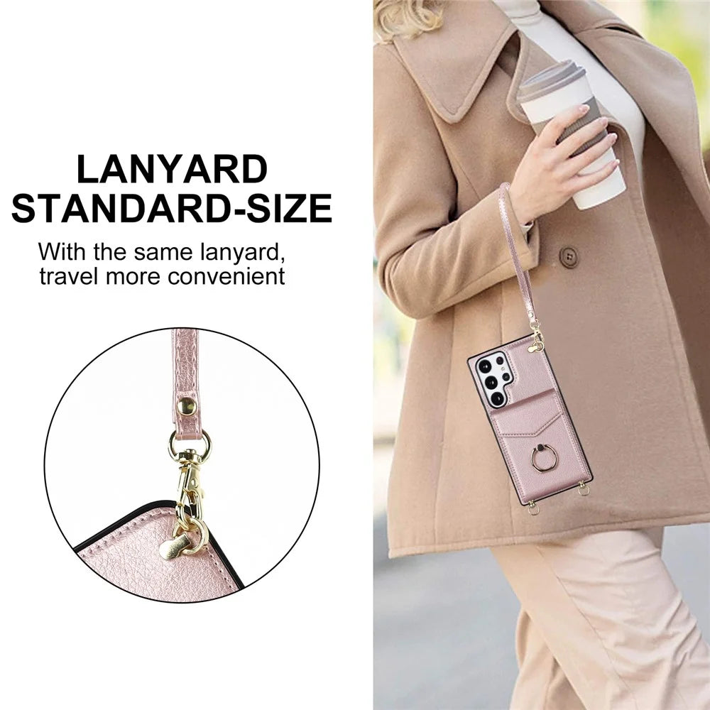 For Samsung Galaxy S22 Ultra 5G Phone Case Ring Kickstand Cover with 2 Straps - Rose Gold - 6