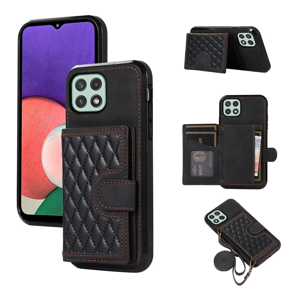 For Samsung Galaxy A22 5G (EU Version) Rhombus Grid Phone Case TPU+PU Leather Kickstand Shell - Black - 1