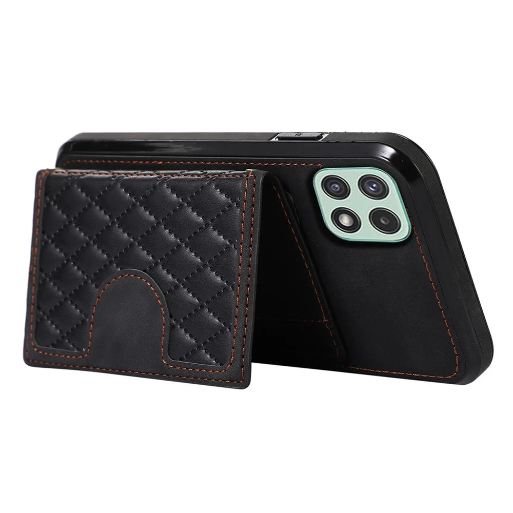 For Samsung Galaxy A22 5G (EU Version) Rhombus Grid Phone Case TPU+PU Leather Kickstand Shell - Black - 3