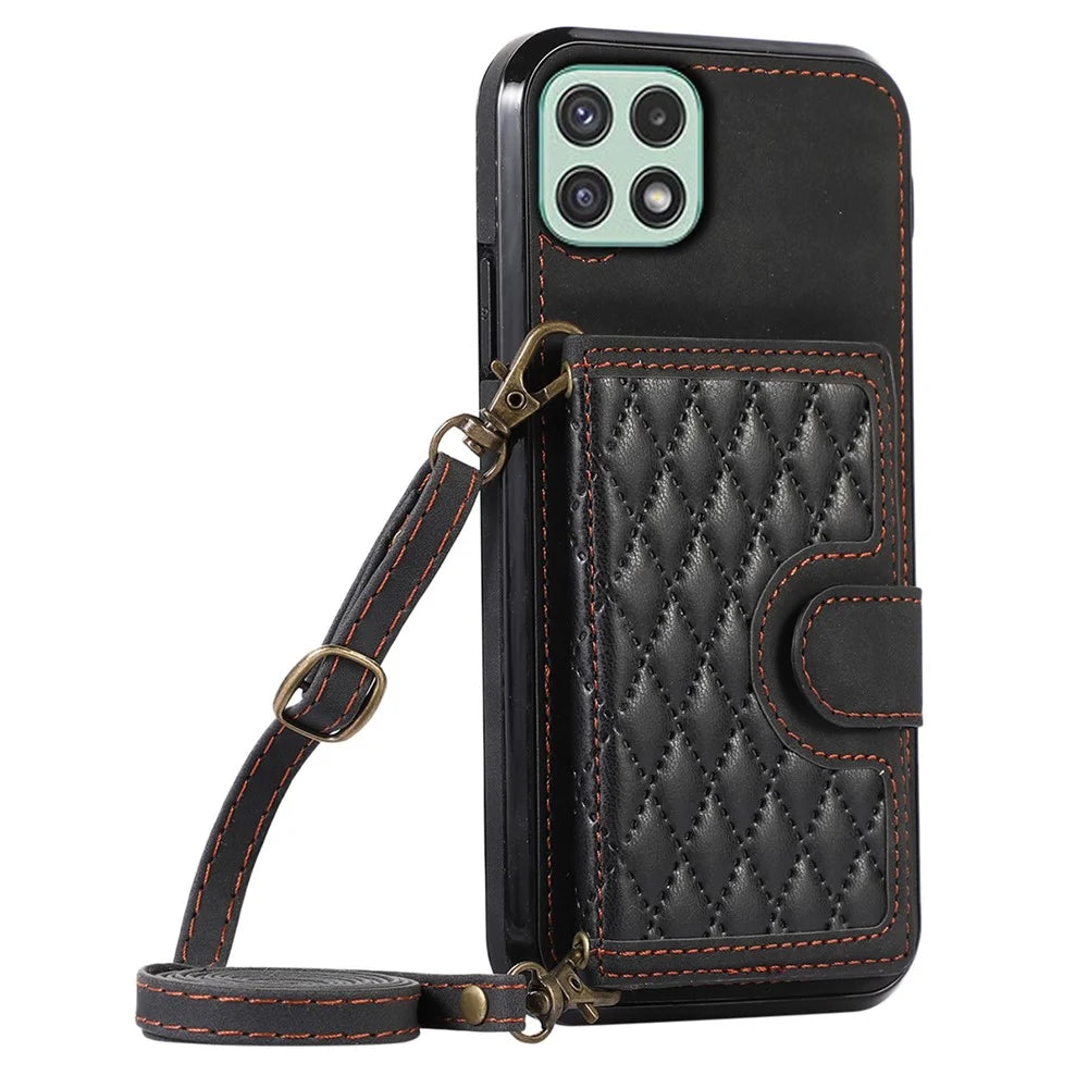 For Samsung Galaxy A22 5G (EU Version) Rhombus Grid Phone Case TPU+PU Leather Kickstand Shell - Black - 5