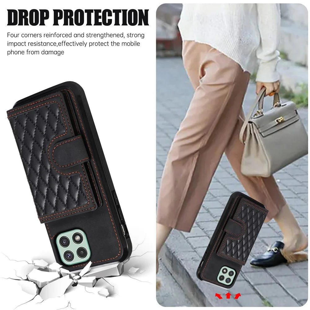 For Samsung Galaxy A22 5G (EU Version) Rhombus Grid Phone Case TPU+PU Leather Kickstand Shell - Black - 7