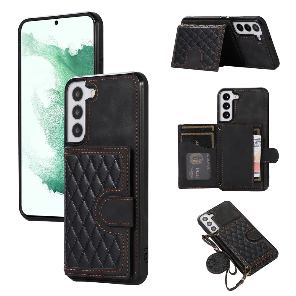For Samsung Galaxy S21 FE 5G Kickstand Phone Case TPU+PU Leather Shoulder Phone Bag - Black - 1