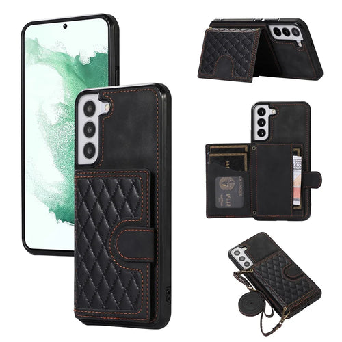 For Samsung Galaxy S21 FE 5G Kickstand Phone Case TPU+PU Leather Shoulder Phone Bag - Black - 1