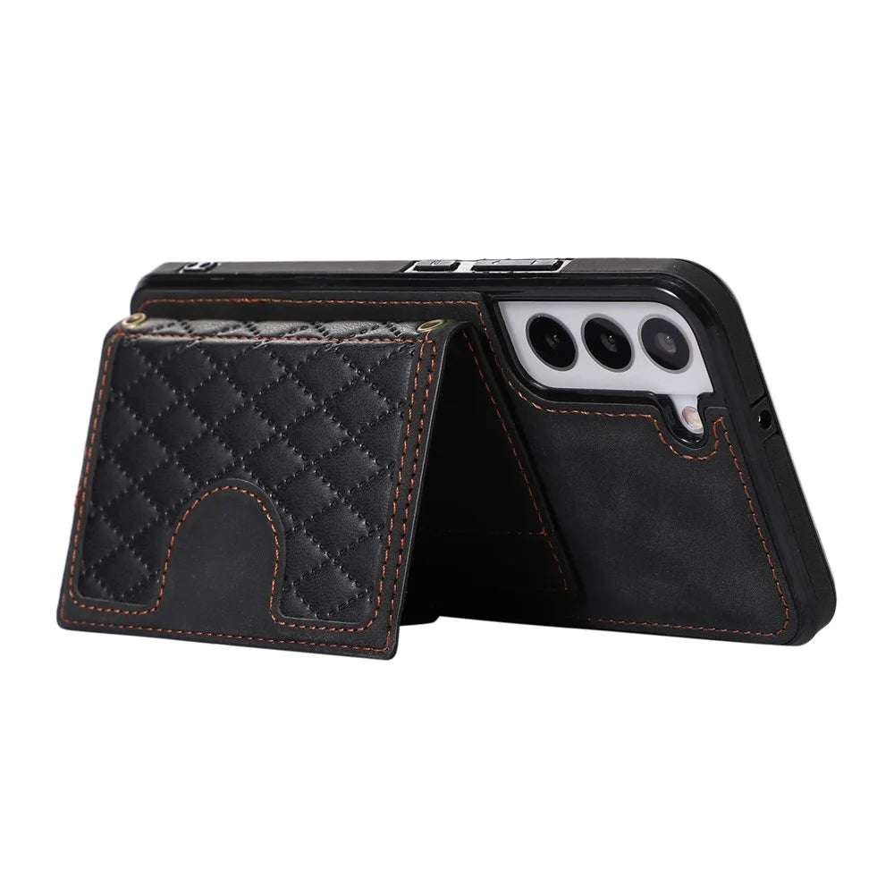 For Samsung Galaxy S21 FE 5G Kickstand Phone Case TPU+PU Leather Shoulder Phone Bag - Black - 3
