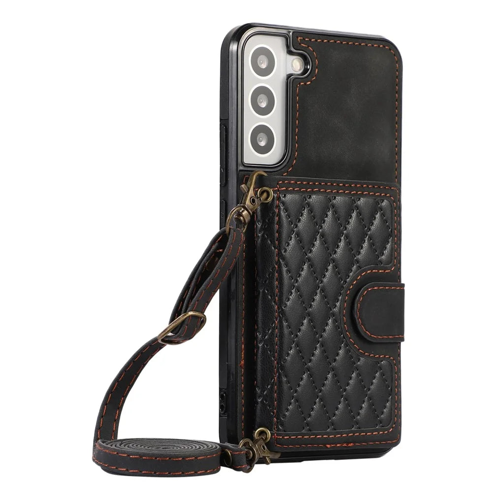 For Samsung Galaxy S21 FE 5G Kickstand Phone Case TPU+PU Leather Shoulder Phone Bag - Black - 5