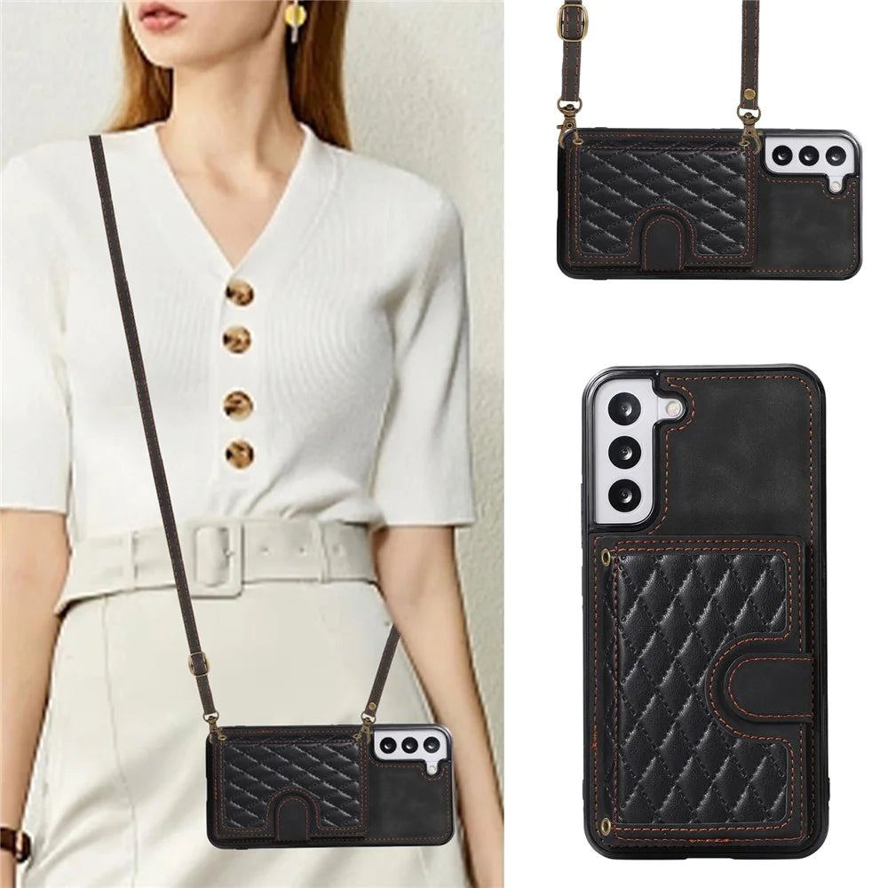For Samsung Galaxy S21 FE 5G Kickstand Phone Case TPU+PU Leather Shoulder Phone Bag - Black - 6