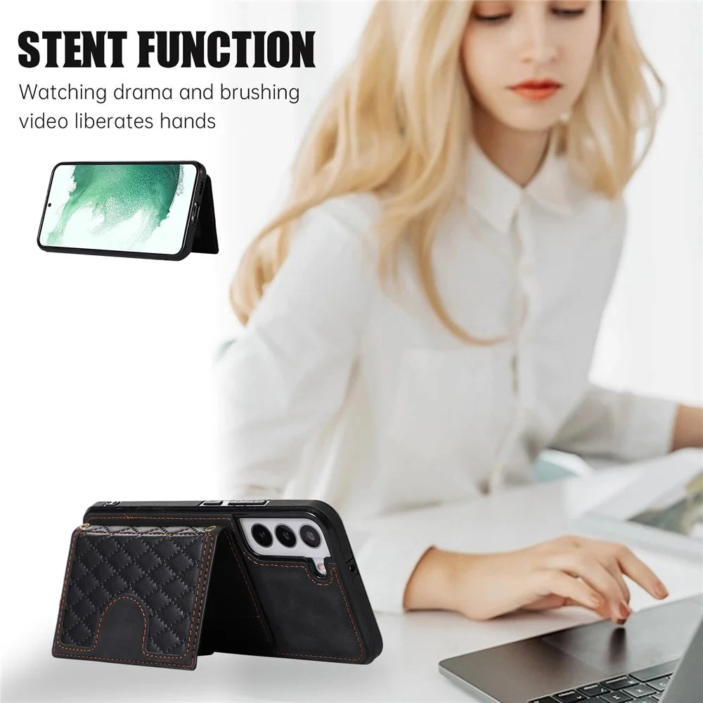 For Samsung Galaxy S21 FE 5G Kickstand Phone Case TPU+PU Leather Shoulder Phone Bag - Black - 7