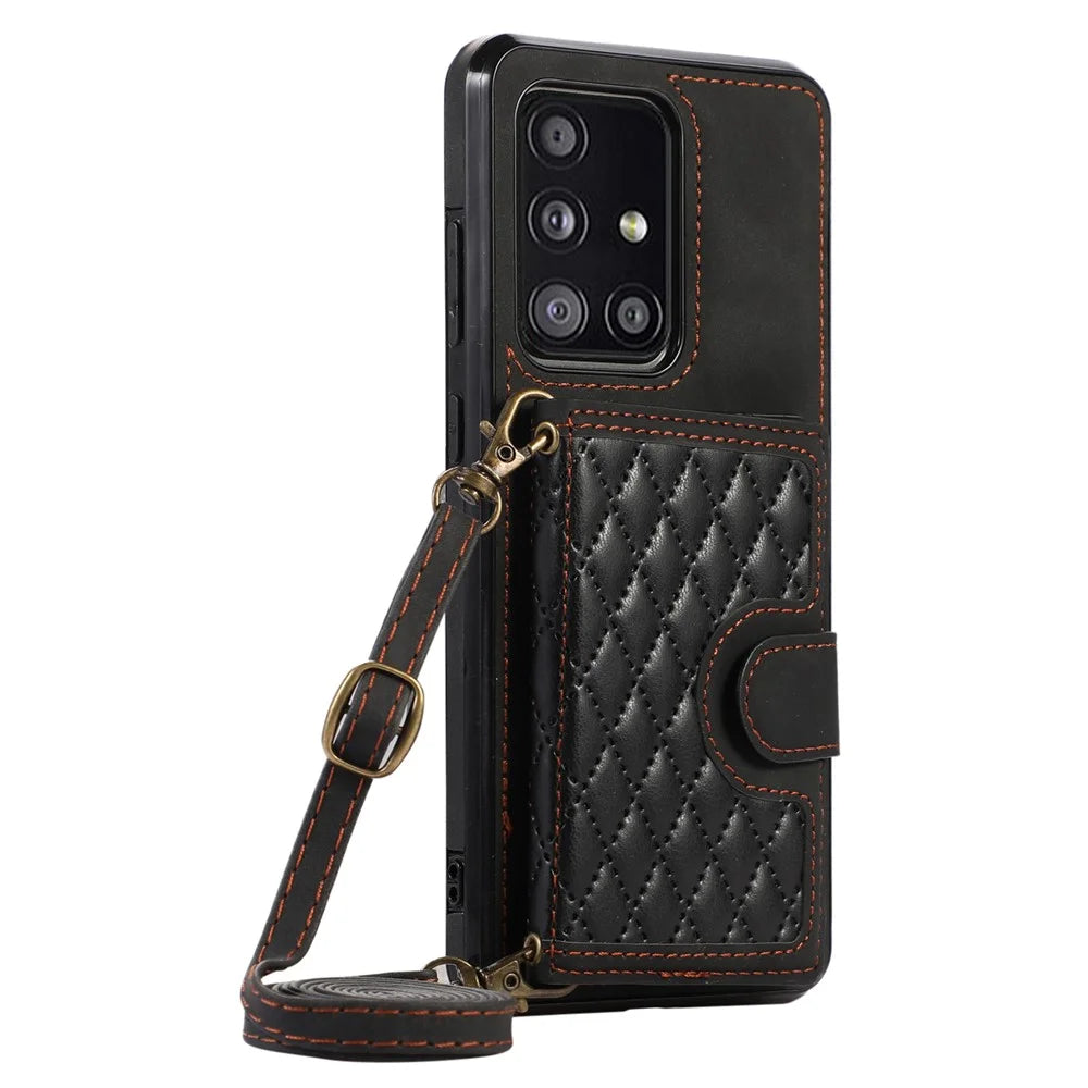 For Samsung Galaxy A51 5G Card Holder TPU+PU Leather Phone Case Kickstand Phone Cover - Black - 5