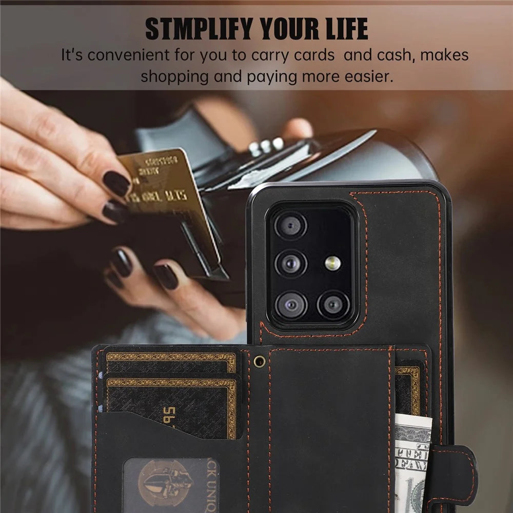 For Samsung Galaxy A51 5G Card Holder TPU+PU Leather Phone Case Kickstand Phone Cover - Black - 7