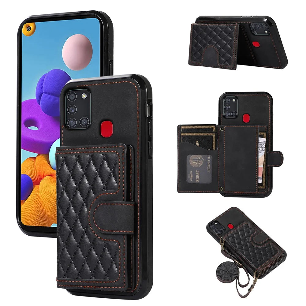 For Samsung Galaxy A21s Phone Case TPU+PU Leather Phone Cover with Card Holder - Black - 1