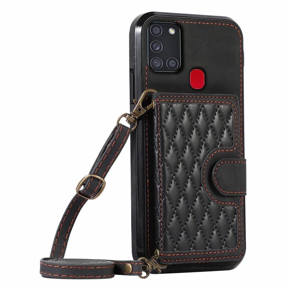 For Samsung Galaxy A21s Phone Case TPU+PU Leather Phone Cover with Card Holder - Black - 2