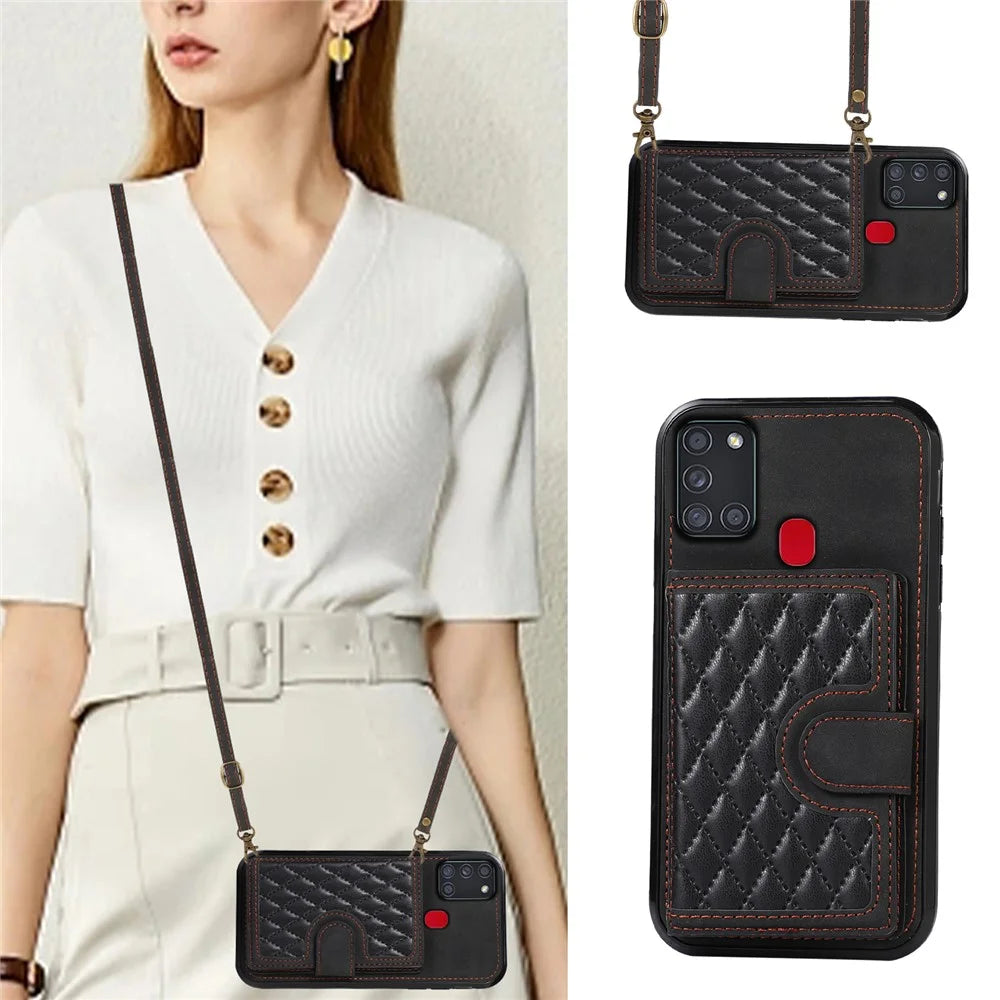 For Samsung Galaxy A21s Phone Case TPU+PU Leather Phone Cover with Card Holder - Black - 3