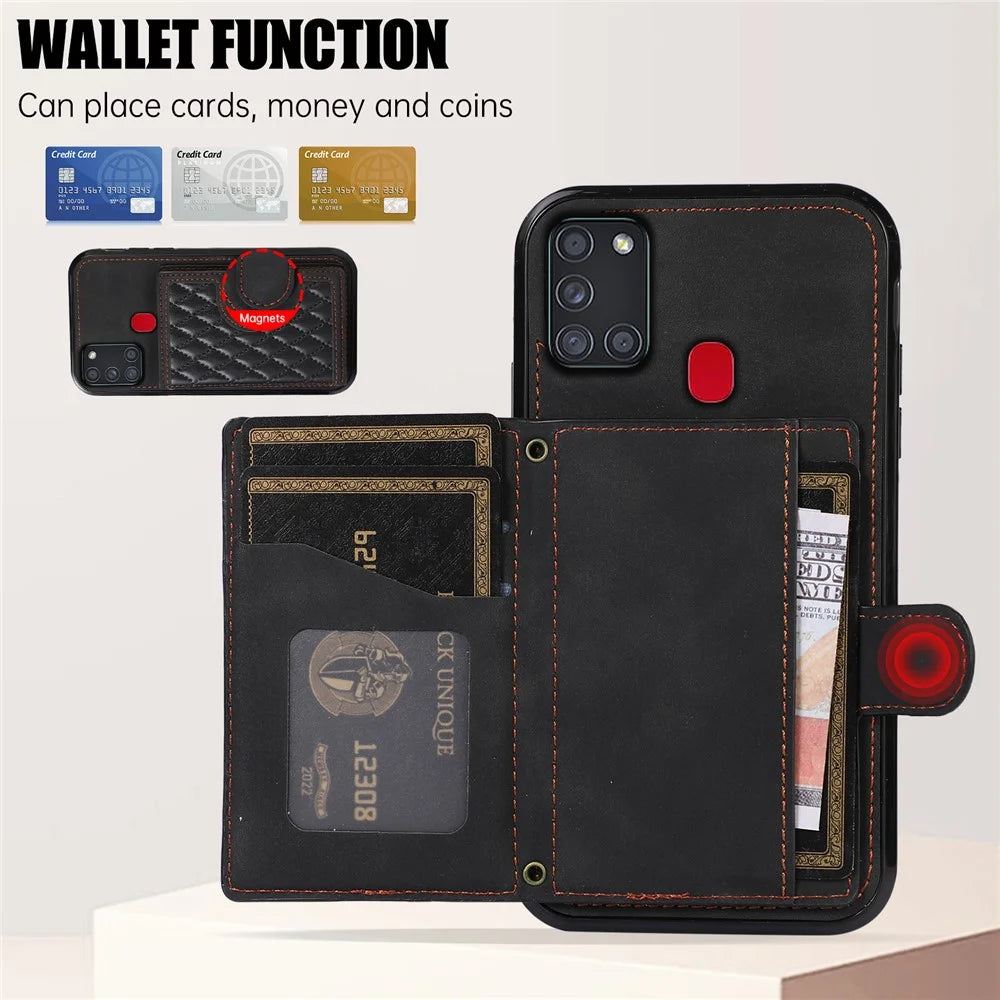 For Samsung Galaxy A21s Phone Case TPU+PU Leather Phone Cover with Card Holder - Black - 4