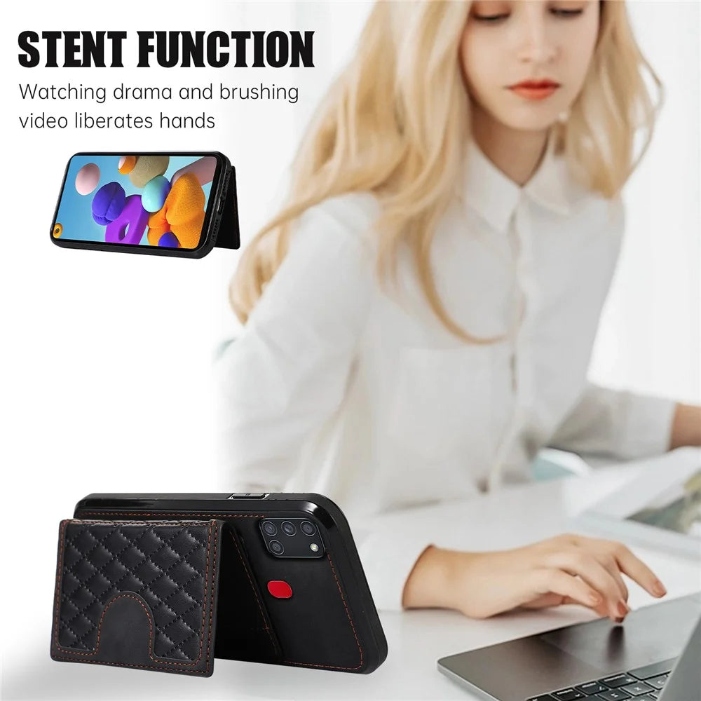 For Samsung Galaxy A21s Phone Case TPU+PU Leather Phone Cover with Card Holder - Black - 5