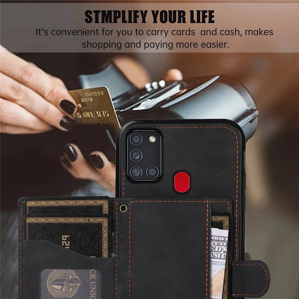 For Samsung Galaxy A21s Phone Case TPU+PU Leather Phone Cover with Card Holder - Black - 7