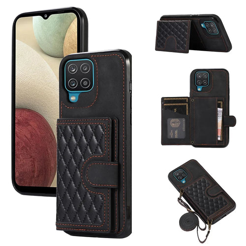 For Samsung Galaxy A12 Case Imprinted Phone Cover Card Holder TPU+PU Leather Shell - Black - 1