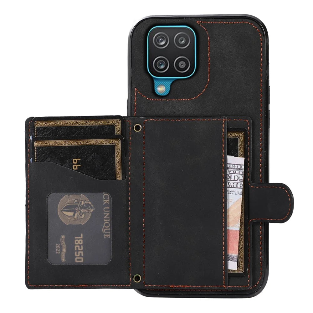 For Samsung Galaxy A12 Case Imprinted Phone Cover Card Holder TPU+PU Leather Shell - Black - 2