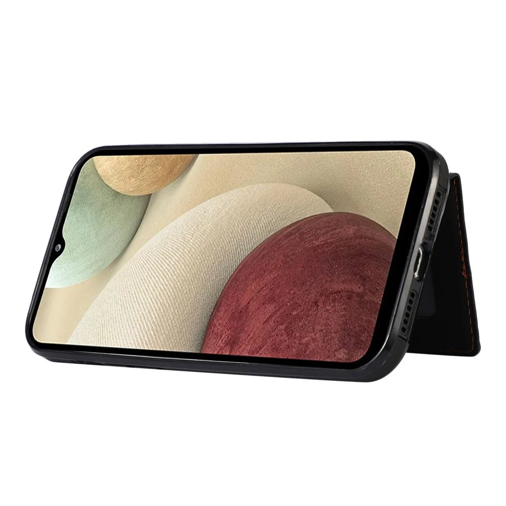 For Samsung Galaxy A12 Case Imprinted Phone Cover Card Holder TPU+PU Leather Shell - Black - 3