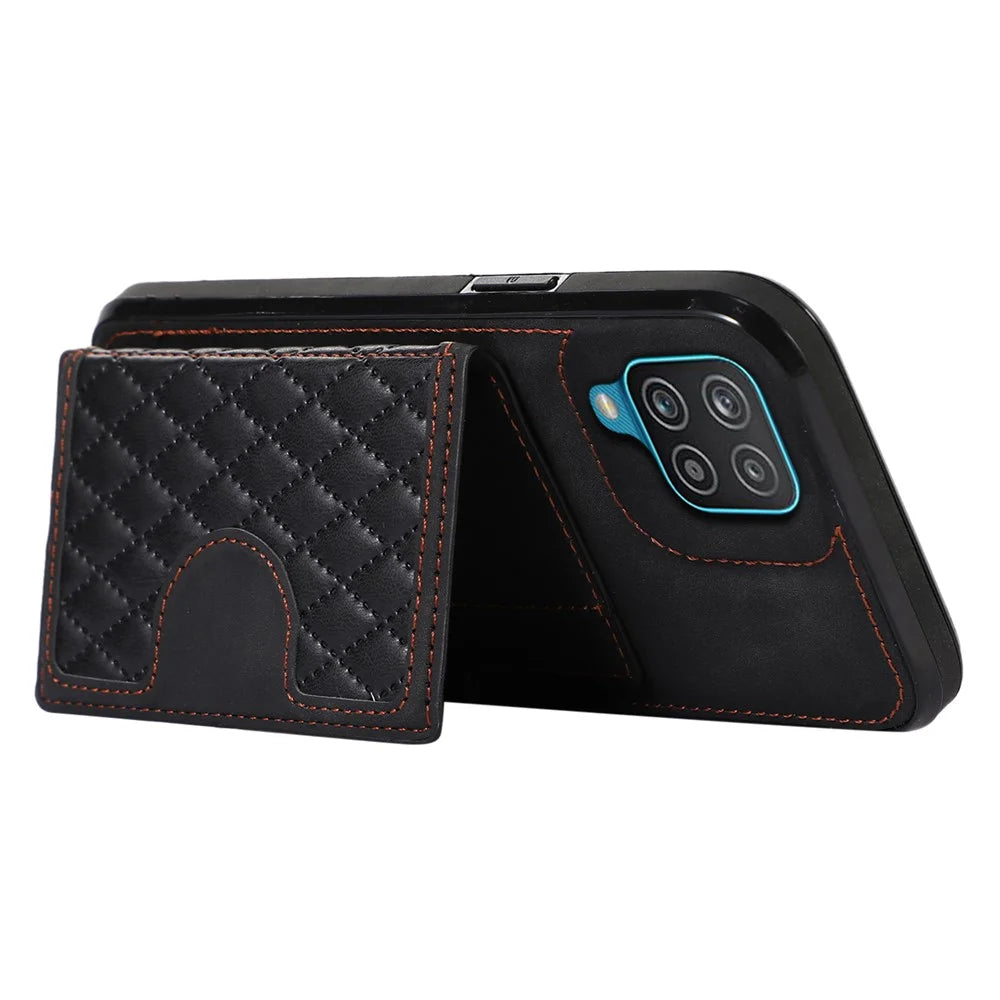 For Samsung Galaxy A12 Case Imprinted Phone Cover Card Holder TPU+PU Leather Shell - Black - 4