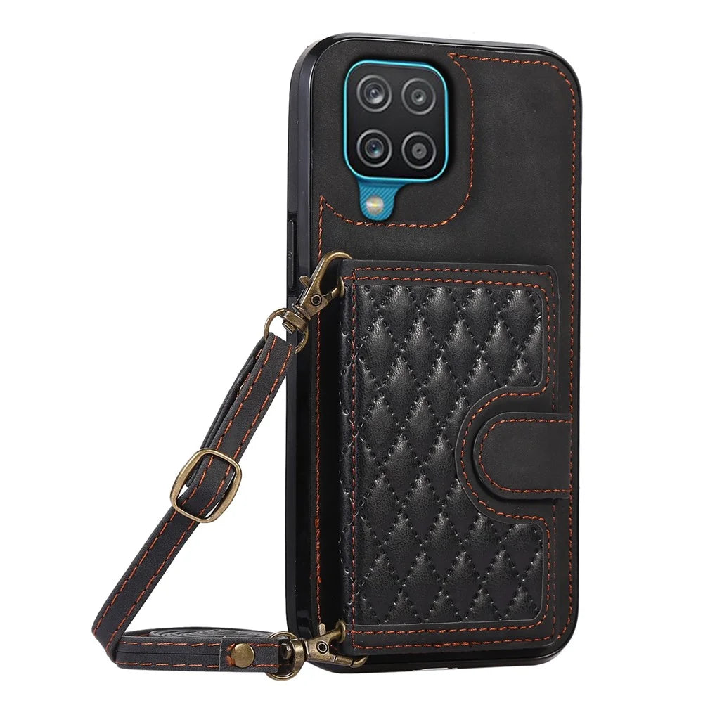 For Samsung Galaxy A12 Case Imprinted Phone Cover Card Holder TPU+PU Leather Shell - Black - 5