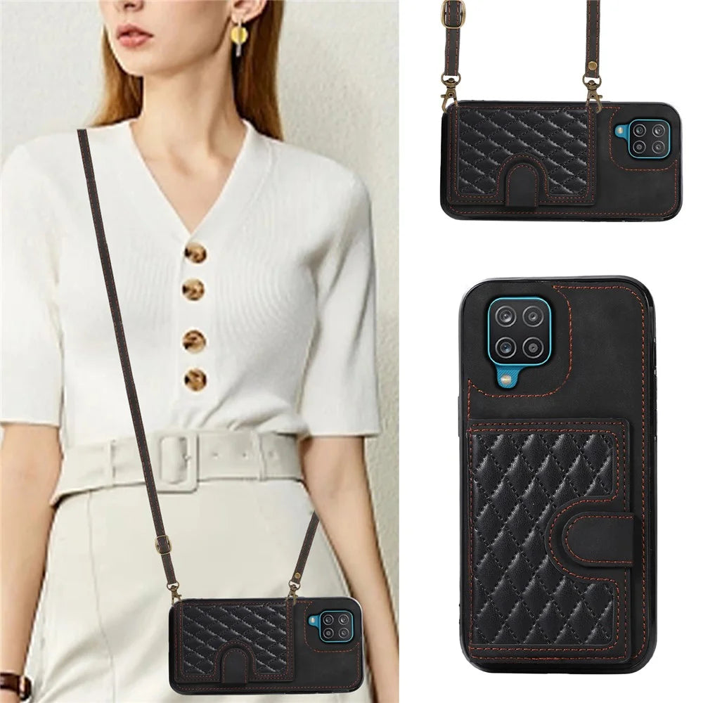 For Samsung Galaxy A12 Case Imprinted Phone Cover Card Holder TPU+PU Leather Shell - Black - 6