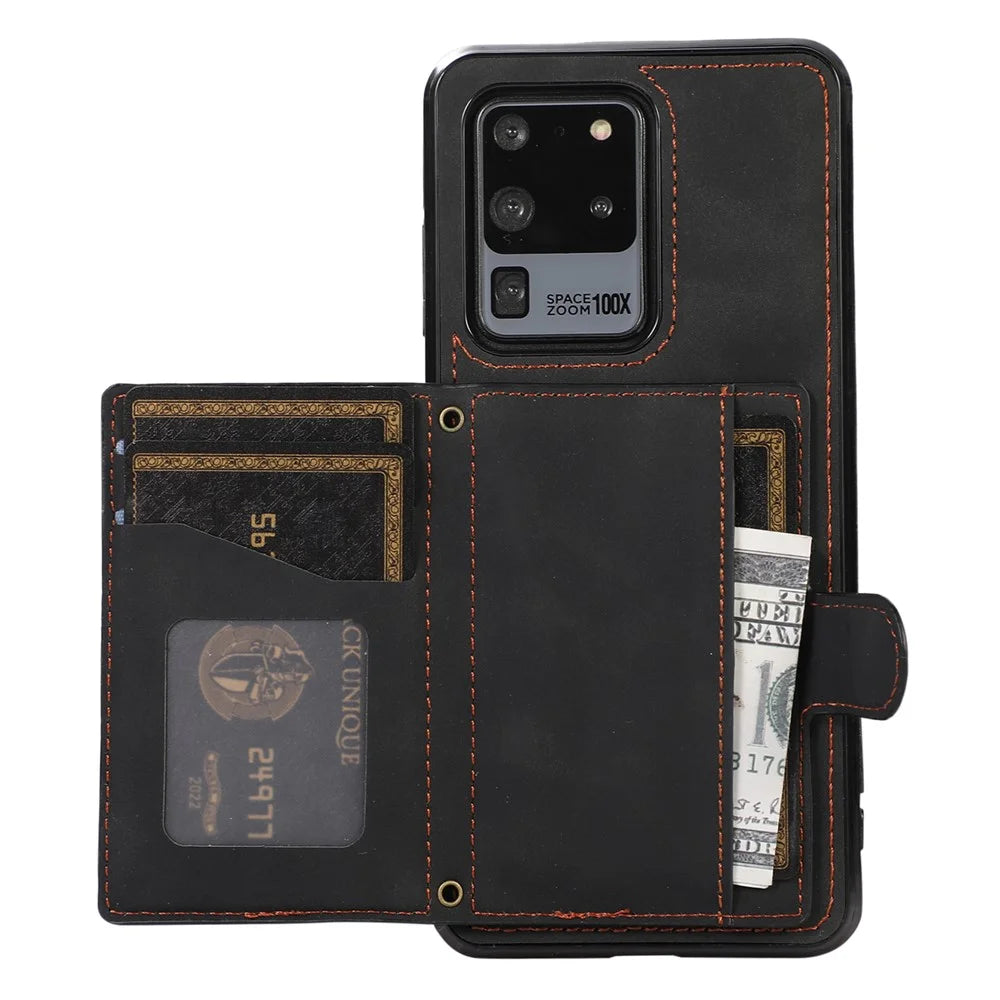 Phone Case for Samsung Galaxy S20 Ultra Card Holder TPU+PU Leather Kickstand Phone Cover - Black - 2