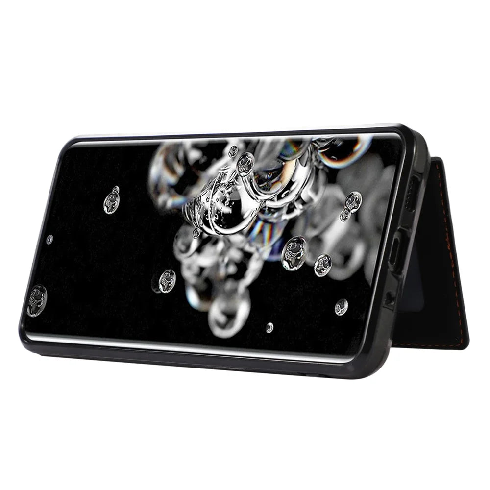 Phone Case for Samsung Galaxy S20 Ultra Card Holder TPU+PU Leather Kickstand Phone Cover - Black - 3