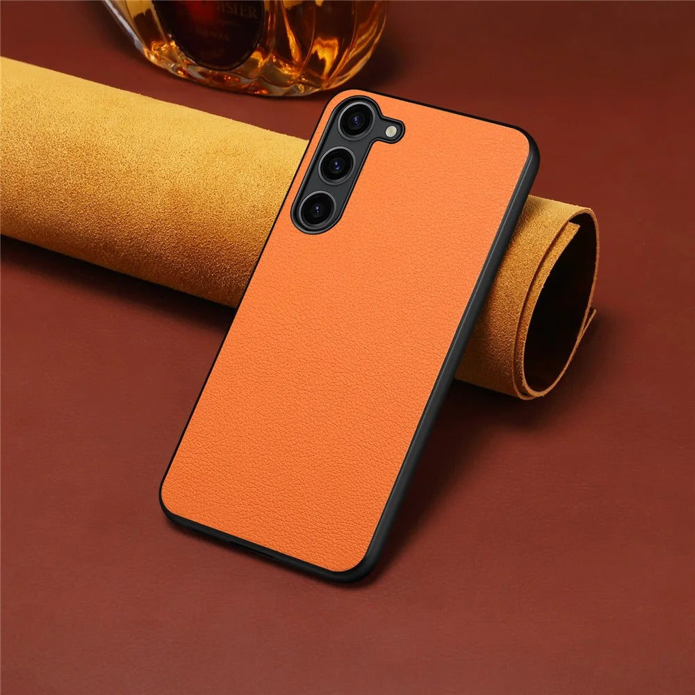 For Samsung Galaxy S24 Calf Texture Cover PC+TPU+PU Leather Slim-Fit Cell Phone Case - Orange - 6