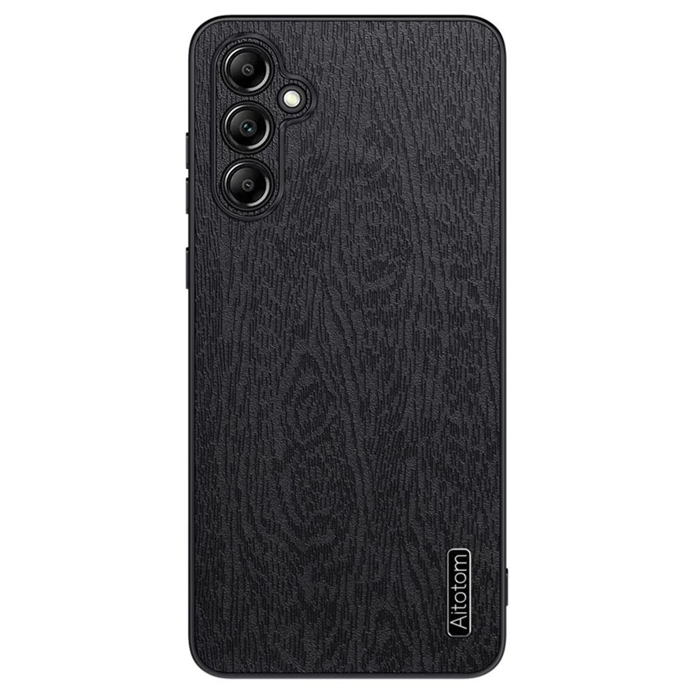 For Samsung Galaxy A15 5G Cellphone Case Wood Grain PC+TPU+PU Back Protector Cover - Black - 1