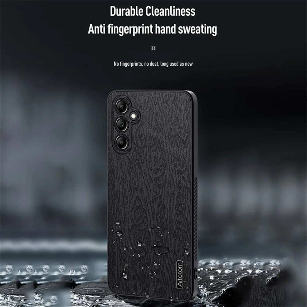 For Samsung Galaxy A15 5G Cellphone Case Wood Grain PC+TPU+PU Back Protector Cover - Black - 2