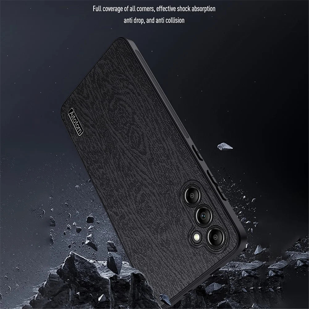 For Samsung Galaxy A15 5G Cellphone Case Wood Grain PC+TPU+PU Back Protector Cover - Black - 3