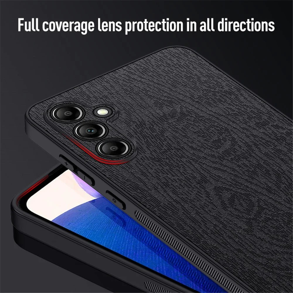 For Samsung Galaxy A15 5G Cellphone Case Wood Grain PC+TPU+PU Back Protector Cover - Black - 6