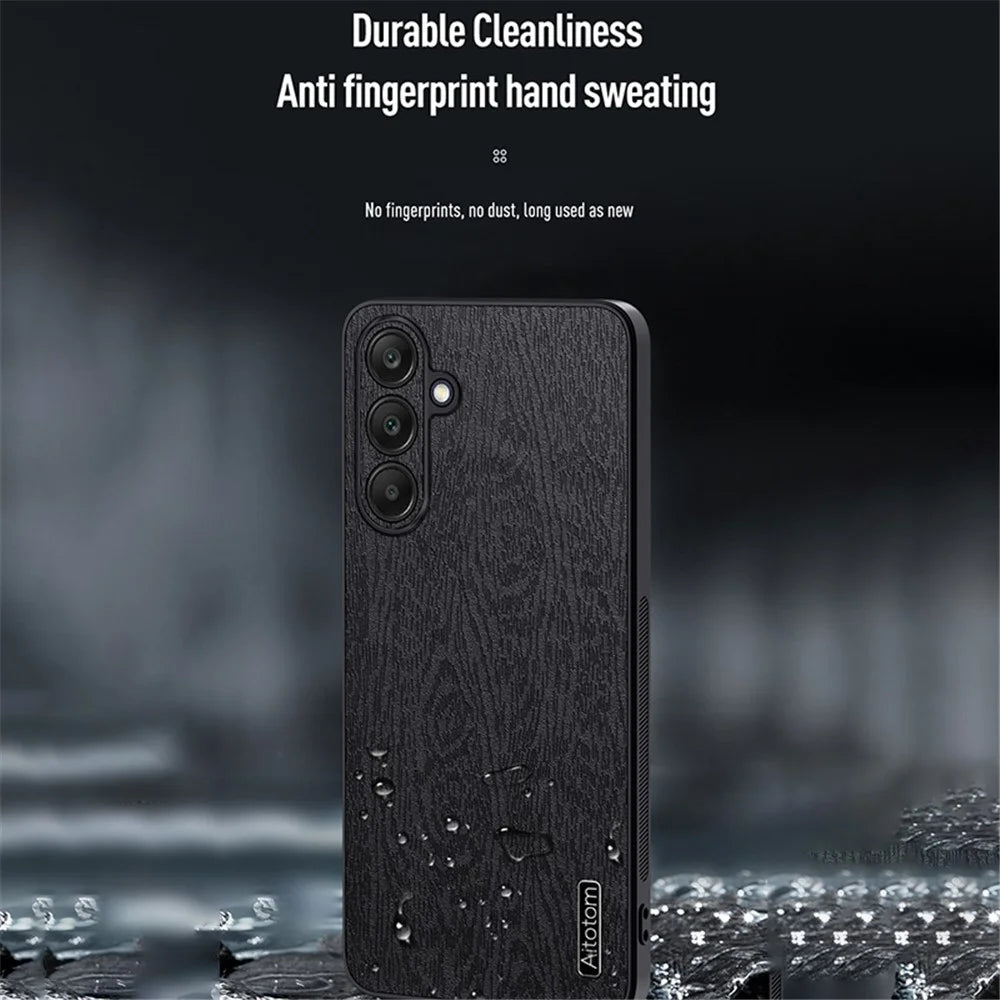 Back Shell for Samsung Galaxy A25 5G (Global) (161.0 x 76.5 x 8.3mm) Cover Wood Grain PU+PC+TPU Cell Phone Case - Black - 2