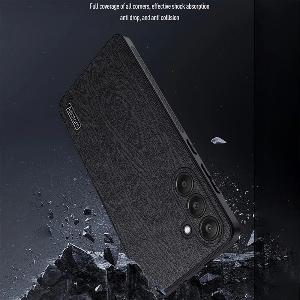 Back Shell for Samsung Galaxy A25 5G (Global) (161.0 x 76.5 x 8.3mm) Cover Wood Grain PU+PC+TPU Cell Phone Case - Black - 3