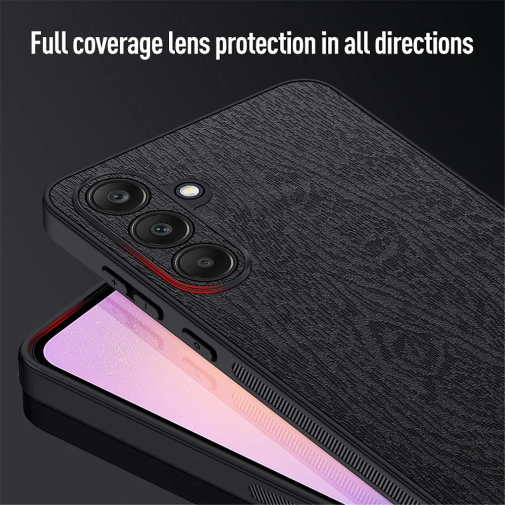 Back Shell for Samsung Galaxy A25 5G (Global) (161.0 x 76.5 x 8.3mm) Cover Wood Grain PU+PC+TPU Cell Phone Case - Black - 6