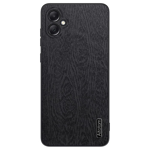 For Samsung Galaxy A05 4G Wood Texture PU Leather Coated PC+TPU Mobile Phone Back Case - Black - 1