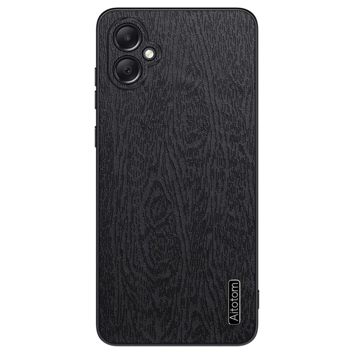 For Samsung Galaxy A05 4G Wood Texture PU Leather Coated PC+TPU Mobile Phone Back Case - Black - 1