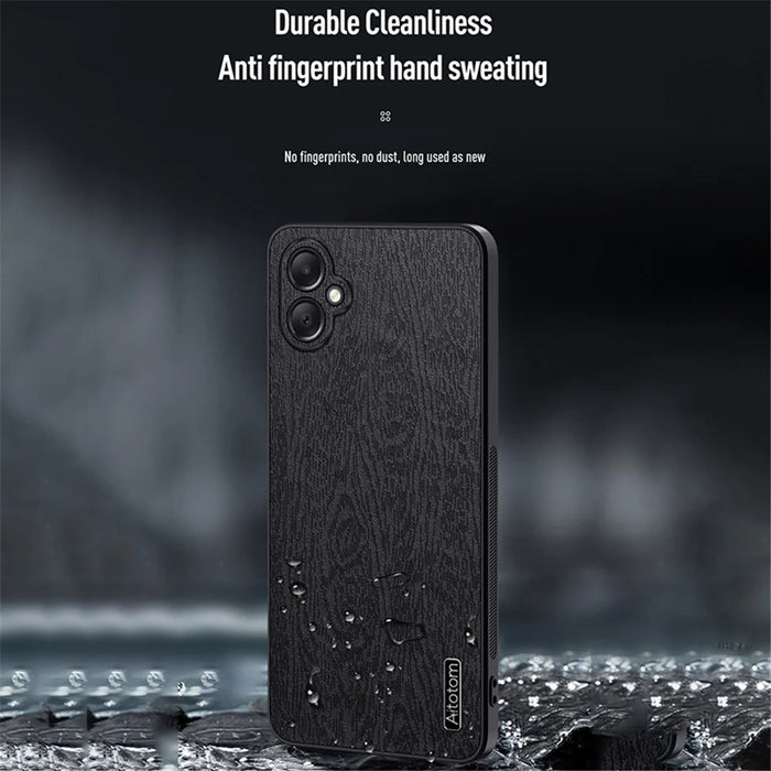 For Samsung Galaxy A05 4G Wood Texture PU Leather Coated PC+TPU Mobile Phone Back Case - Black - 2