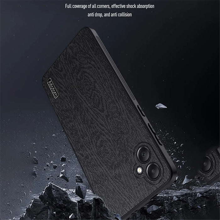 For Samsung Galaxy A05 4G Wood Texture PU Leather Coated PC+TPU Mobile Phone Back Case - Black - 3