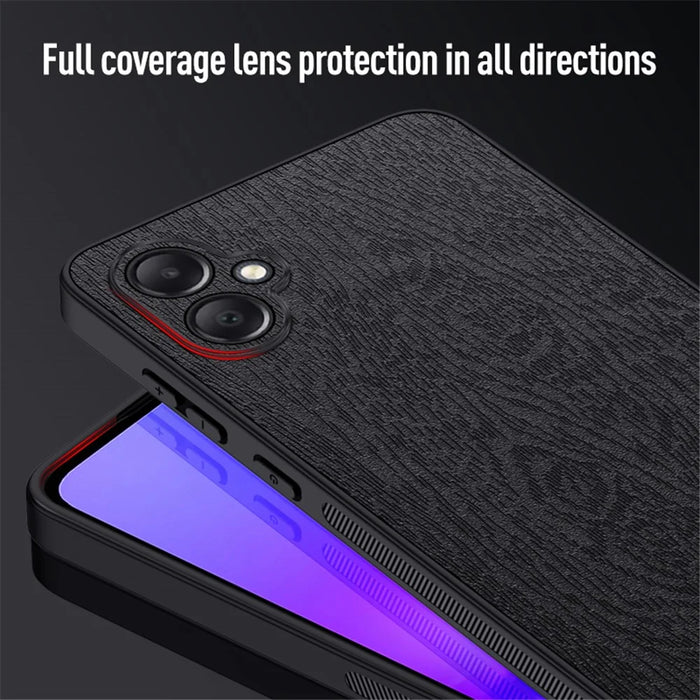 For Samsung Galaxy A05 4G Wood Texture PU Leather Coated PC+TPU Mobile Phone Back Case - Black - 6