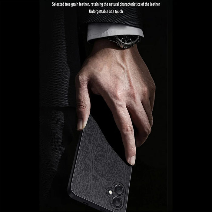 For Samsung Galaxy A05 4G Wood Texture PU Leather Coated PC+TPU Mobile Phone Back Case - Black - 7