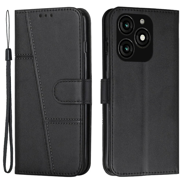 Leather Wallet Case for itel A70 Phone Stand Cover Calf Texture - Black - 1