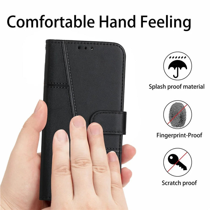 Leather Wallet Case for itel A70 Phone Stand Cover Calf Texture - Black - 5